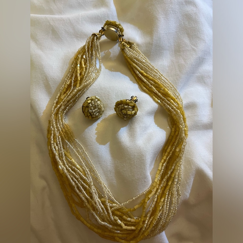 Vintage sea bead yellow /off white made in Japan set of clip earrings & necklace